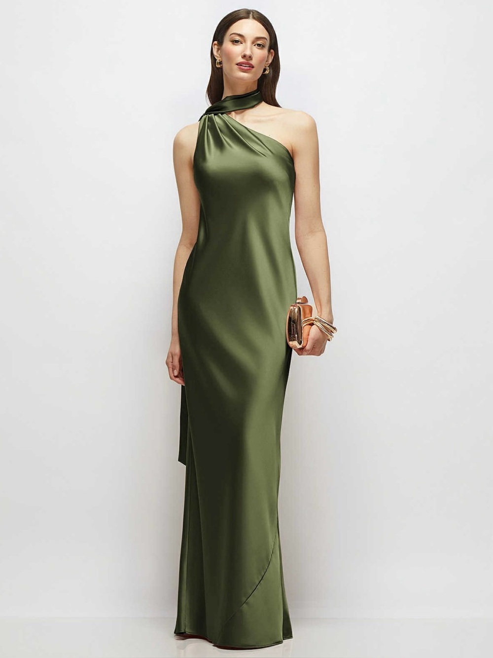 Dessy Olive Green One-Shoulder Satin Evening Dress- NWT
